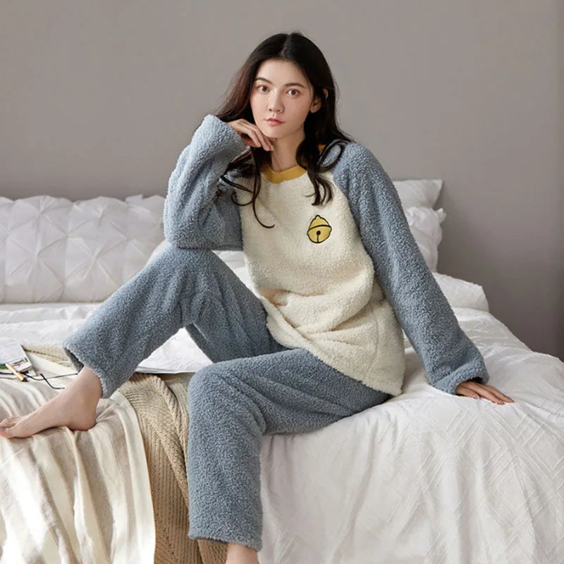 Thickened Warm Winter Flannel Ladies Pajamas Top and Pants Padded Nightwear Homewear Cartoon Bear Women's Sleepwear Loungewear