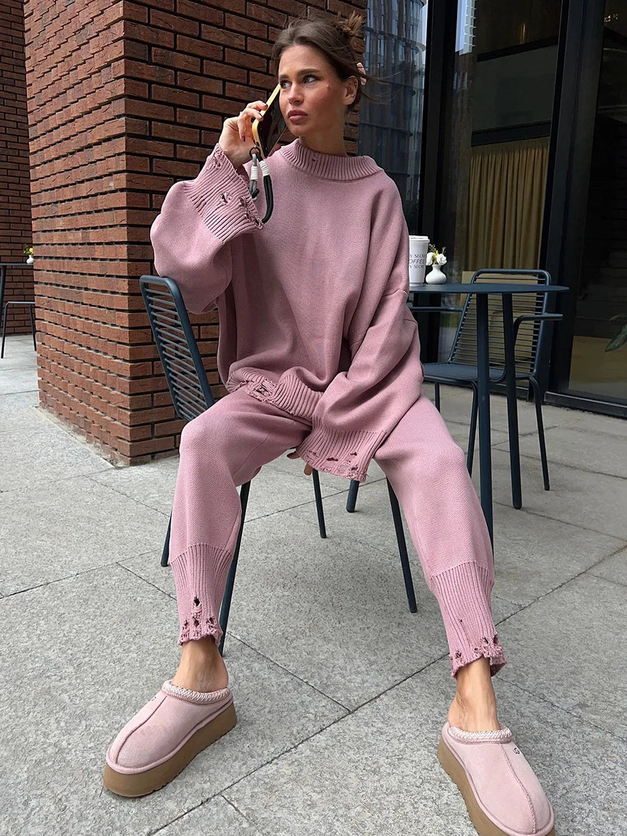 Bornladies Autumn Winter Women's New Turtleneck Knit Sweater Skinny Knit Pants Set Soft Oversized Ripped Hem Fashion Pullover