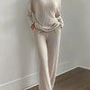 Autumn Winter New Home Set Elegant V-Neck Ribbed Two-Piece Fashion Casual Straight Leg Pants Loose Comfort Outfit