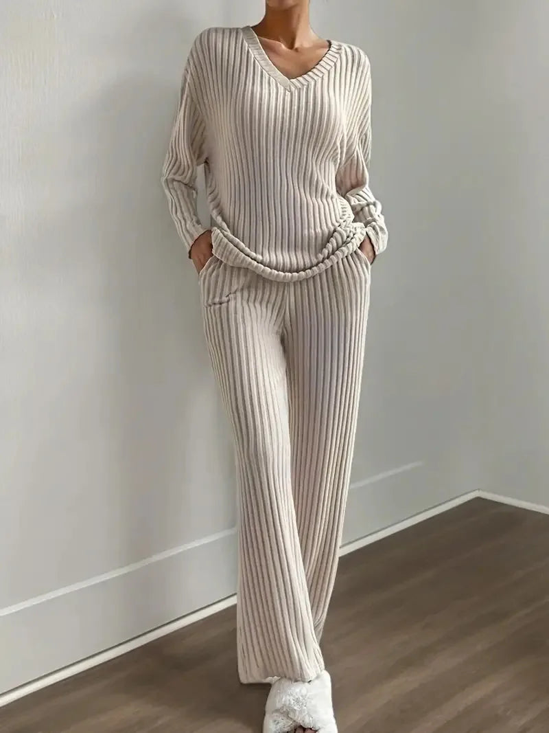 Autumn Winter New Home Set Elegant V-Neck Ribbed Two-Piece Fashion Casual Straight Leg Pants Loose Comfort Outfit
