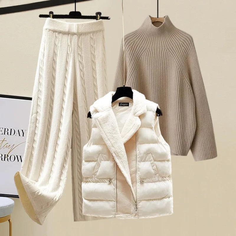 Women Sweater Suit Knitting 3 Piece Sets Cotton Vest Top Pullover Turtleneck Wide Leg Pants Tracksuit Winter Thick Outfits