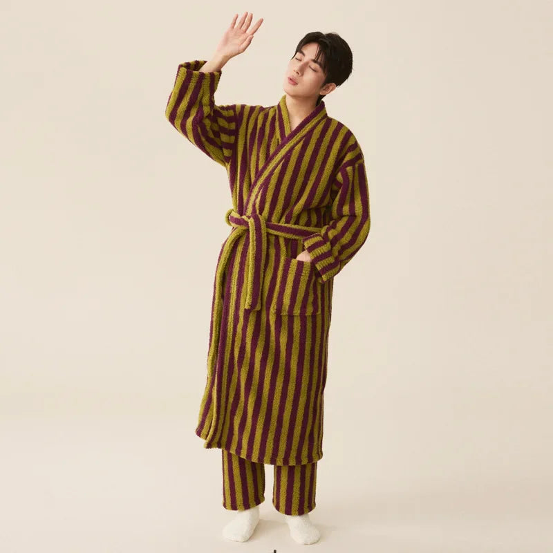 Thickened Flannel Robe Pants Pajamas Set Autumn Winter New Couple Coral Velvet Women Men Bathrobe Striped Lengthed Home Clothes