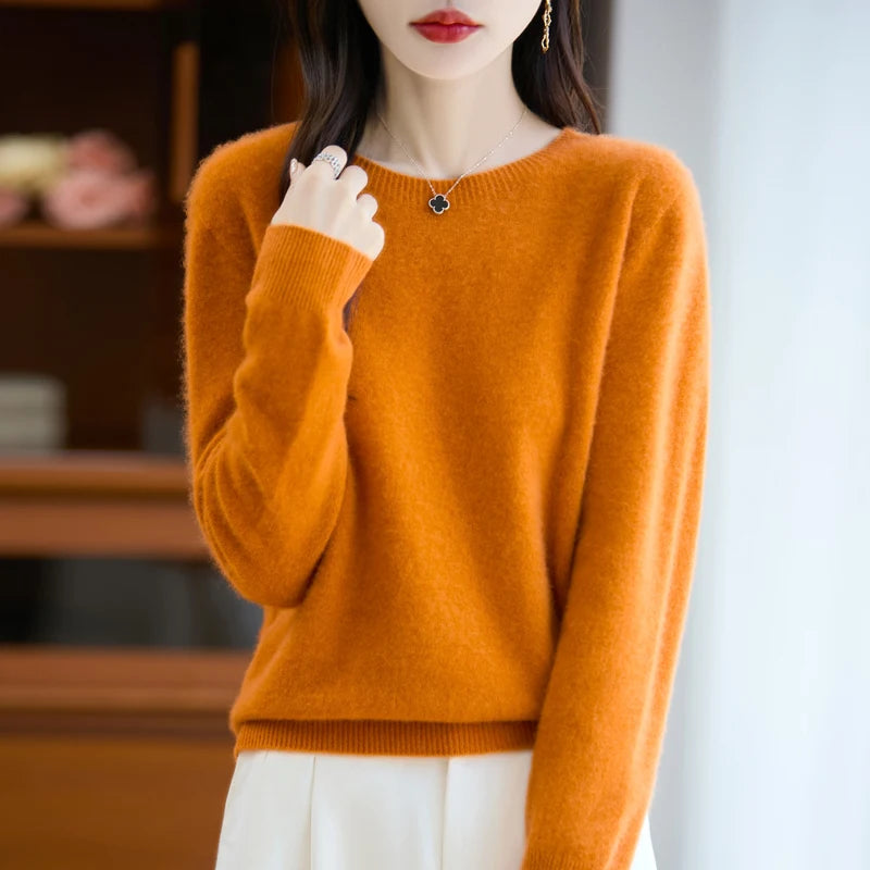 Autumn Winter Women 100% Merino Wool Sweater O-Neck Cashmere Pullover Basic Fashion Clothing Comfort Warm Top Casual Solid