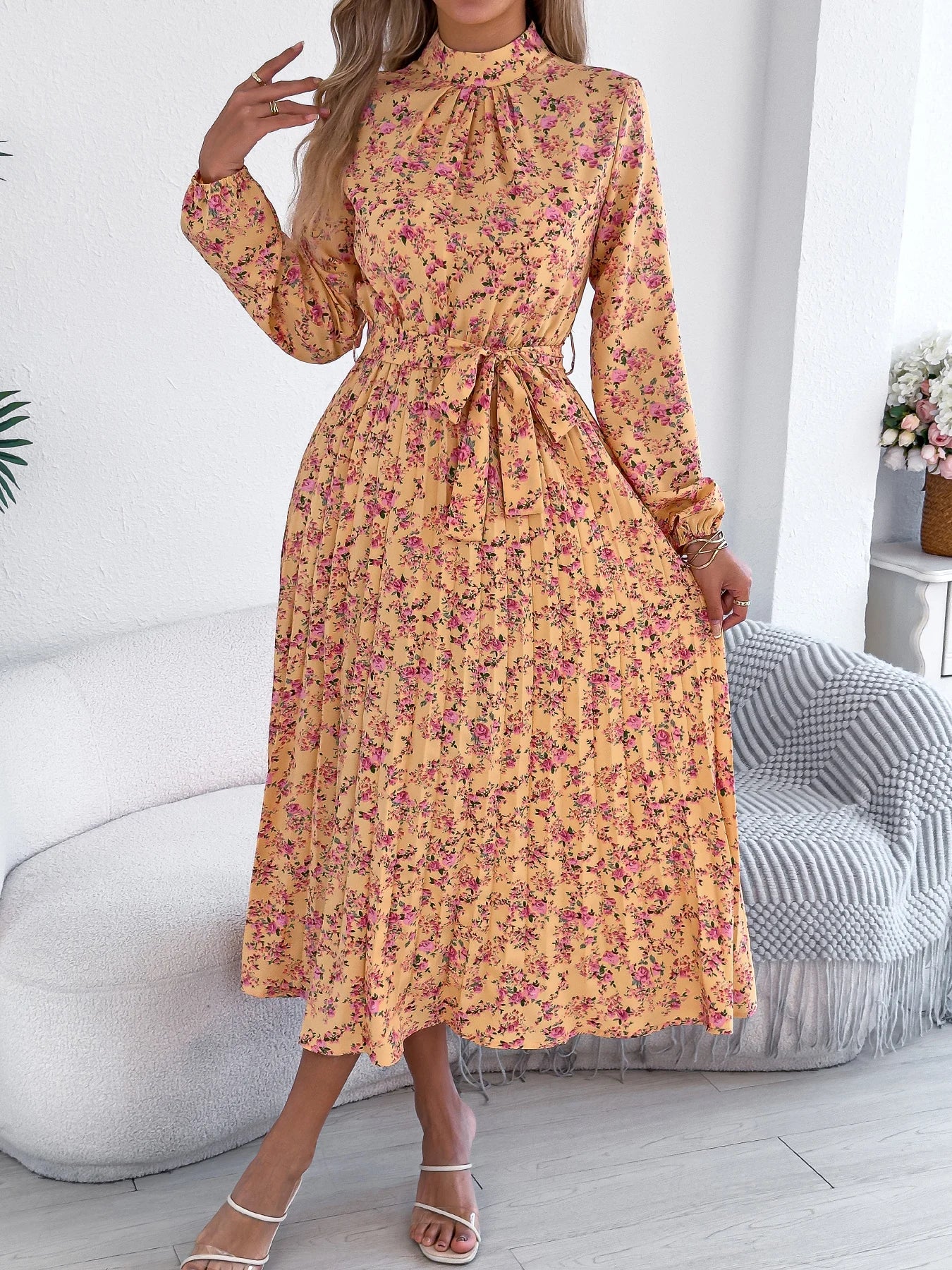 Floral Stand Up Collar Bridesmaid Dress Spring Summer Casual Elegant Long Sleeve Waist Cinched Pleated Long Dresses for Women