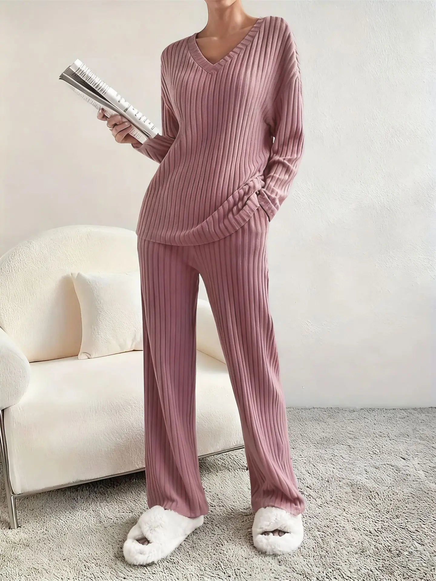 Autumn Winter New Home Set Elegant V-Neck Ribbed Two-Piece Fashion Casual Straight Leg Pants Loose Comfort Outfit