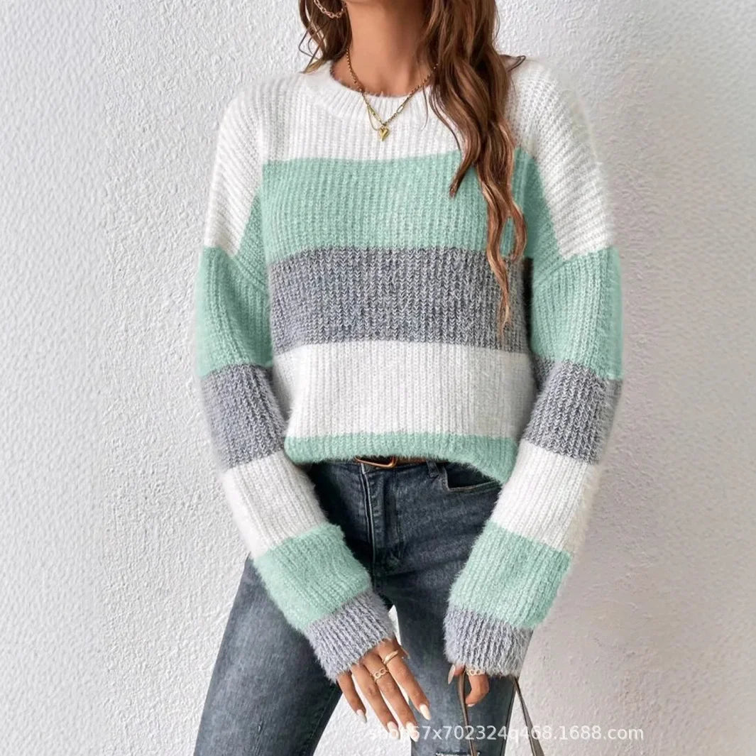 Casual Loose Striped round Neck Women's Sweater Thick Winter Knitted Top French Style Shoulder Loose Autumn Winter Sweater