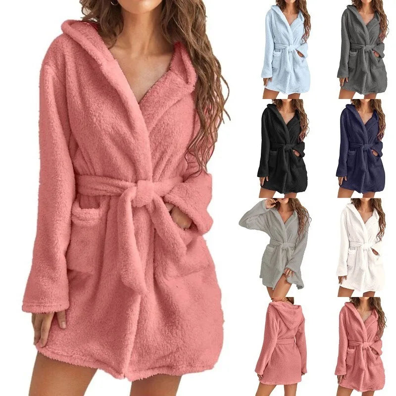 Winter Women Bath Robe Fluffy Plush Pyjamas Ladies Sexy Hooded Dressing Solid Color Gown Warm Bathrobe Female loungewear