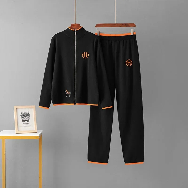 Creative Cross-Border New Product Long Sleeve Knitted Outerwear And Casual Knitted Long Pants Two-Piece Set Embroidered Horse Sp