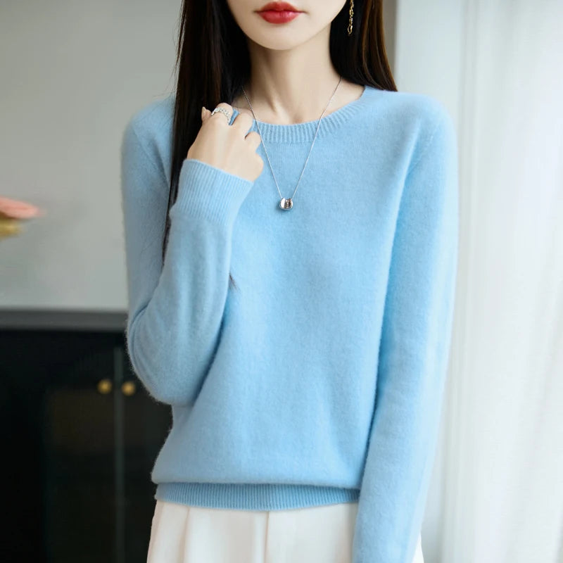 Autumn Winter Women 100% Merino Wool Sweater O-Neck Cashmere Pullover Basic Fashion Clothing Comfort Warm Top Casual Solid