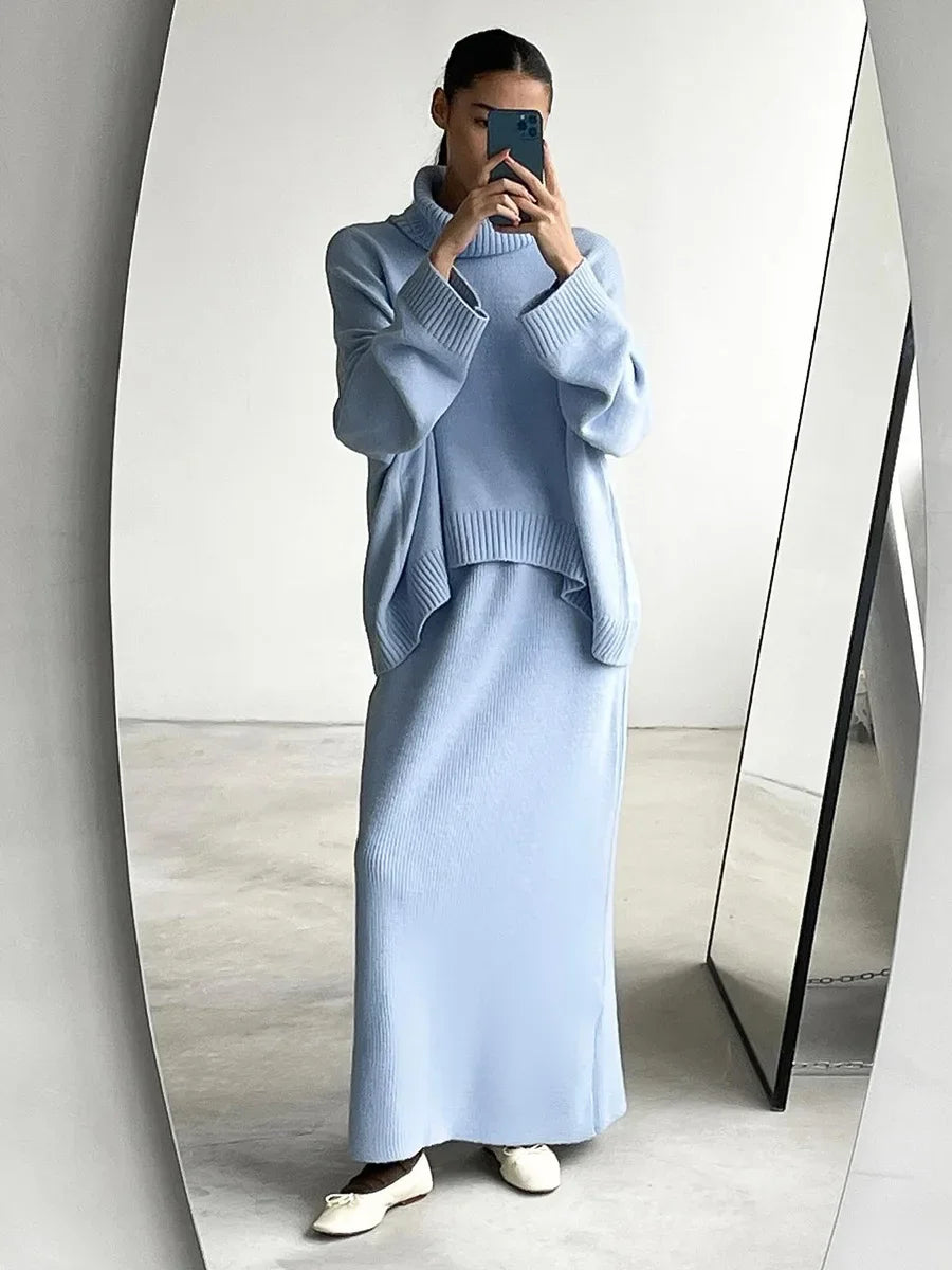 Wolfeel Women's Knitted Turtleneck Sweater Skirt 2- Piece Set  Autumn Winter Loose Solid Color Knit Outfit Casual Warm Suit