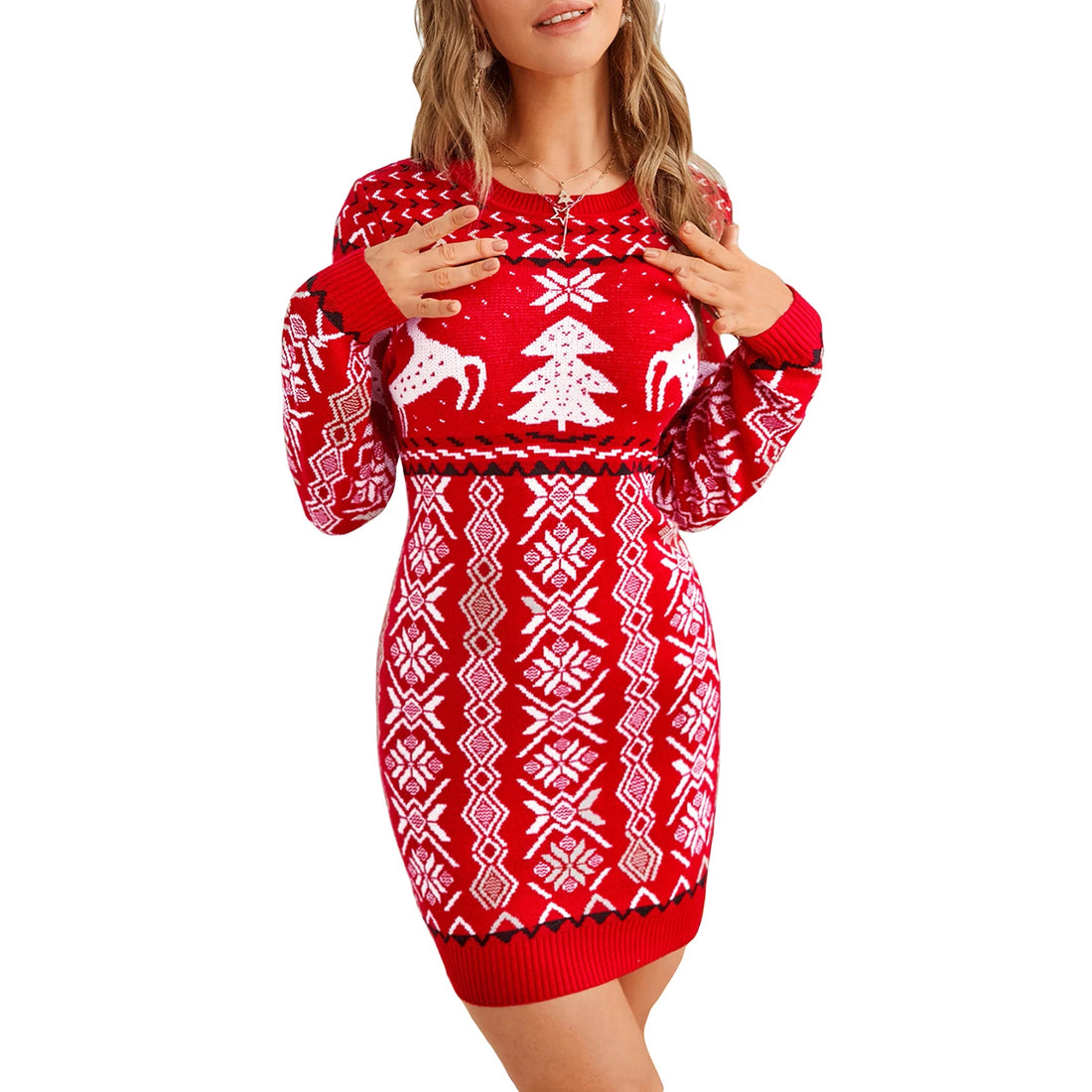 Women Long Sleeve Sweater Dress Christmas Print Knitted Bodycon Party Dress for Beach Club Streetwear