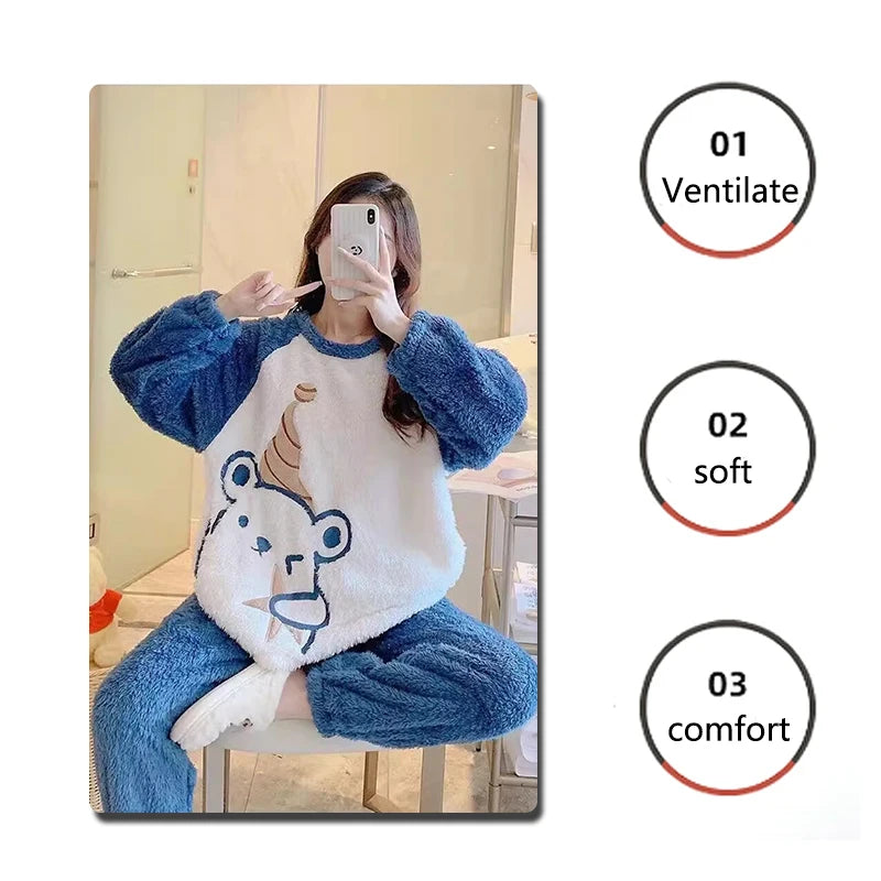 Thickened Warm Winter Flannel Ladies Pajamas Top and Pants Padded Nightwear Homewear Cartoon Bear Women's Sleepwear Loungewear
