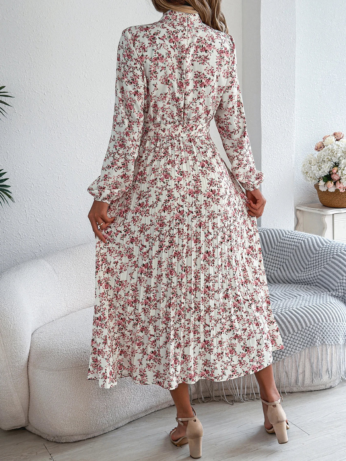 Floral Stand Up Collar Bridesmaid Dress Spring Summer Casual Elegant Long Sleeve Waist Cinched Pleated Long Dresses for Women