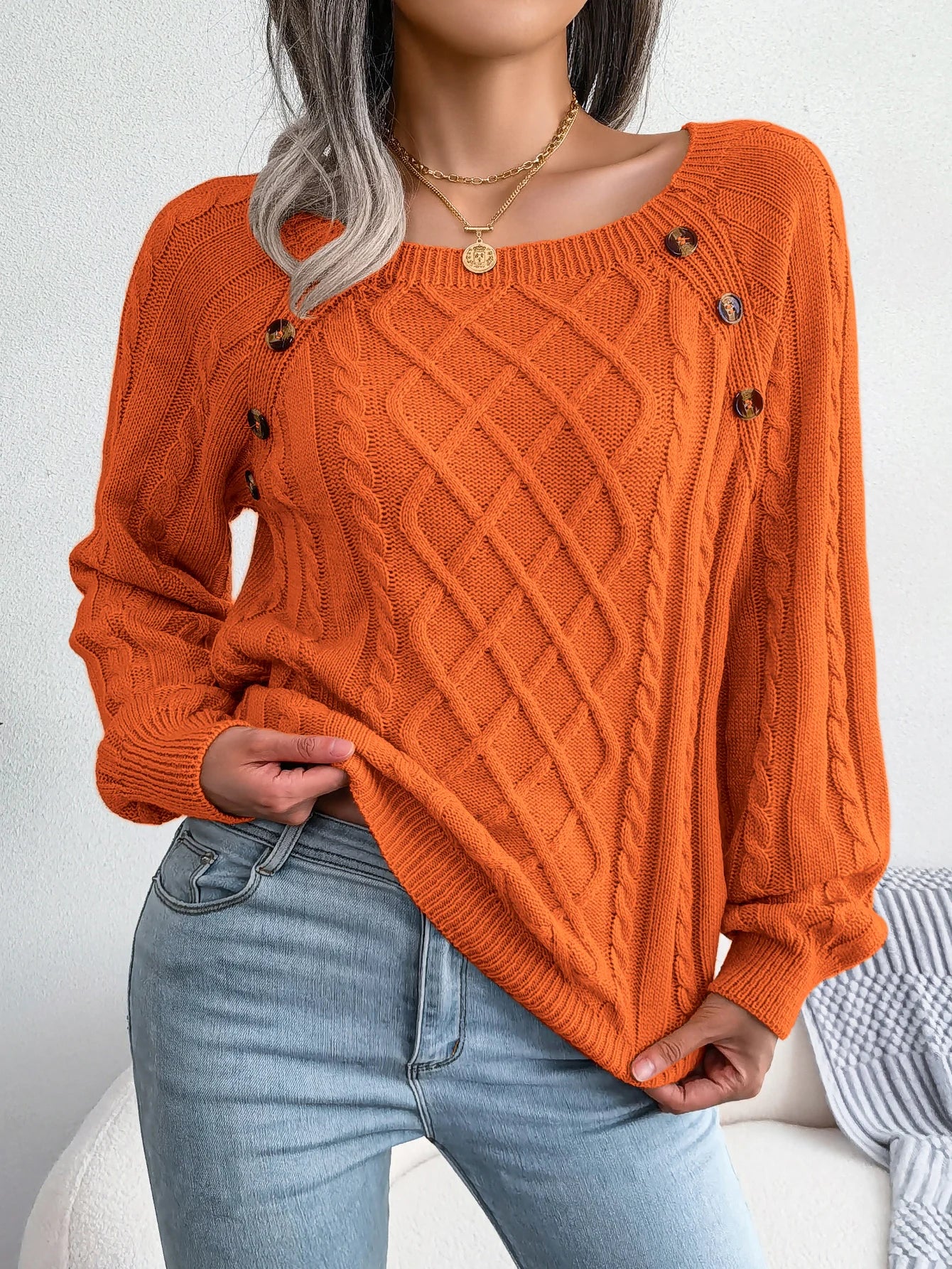 Women Casual Square Collar Buttons Long Sleeve Knitted Pullover Sweaters for Autumn Winter