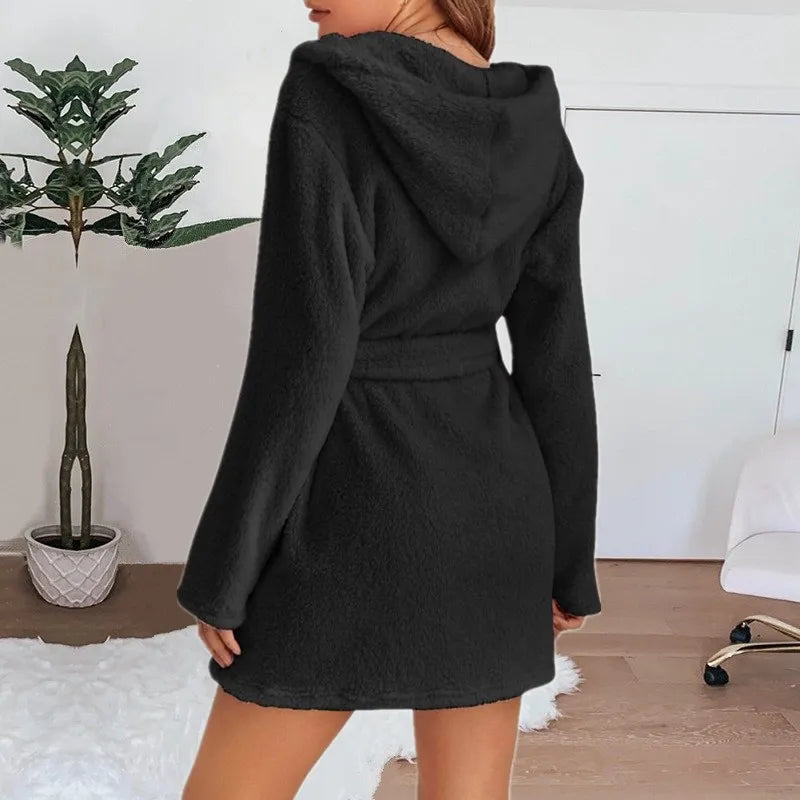 Winter Women Bath Robe Fluffy Plush Pyjamas Ladies Sexy Hooded Dressing Solid Color Gown Warm Bathrobe Female loungewear