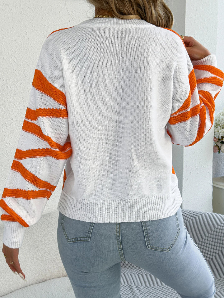 Fashion Contrast Color Striped Sweaters for Autumn Winter Casual Round Neck Lantern Long Sleeve Knitted Tops Women Clothes