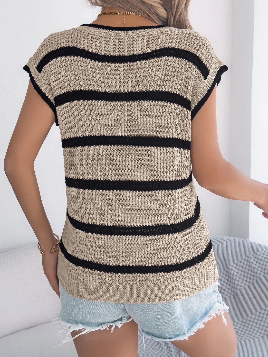Casual Knit Striped Pullover Woman Spring Summer Round Neck Sleeveless Hollow Out Tops Khaki Pink Apricot Women Clothes