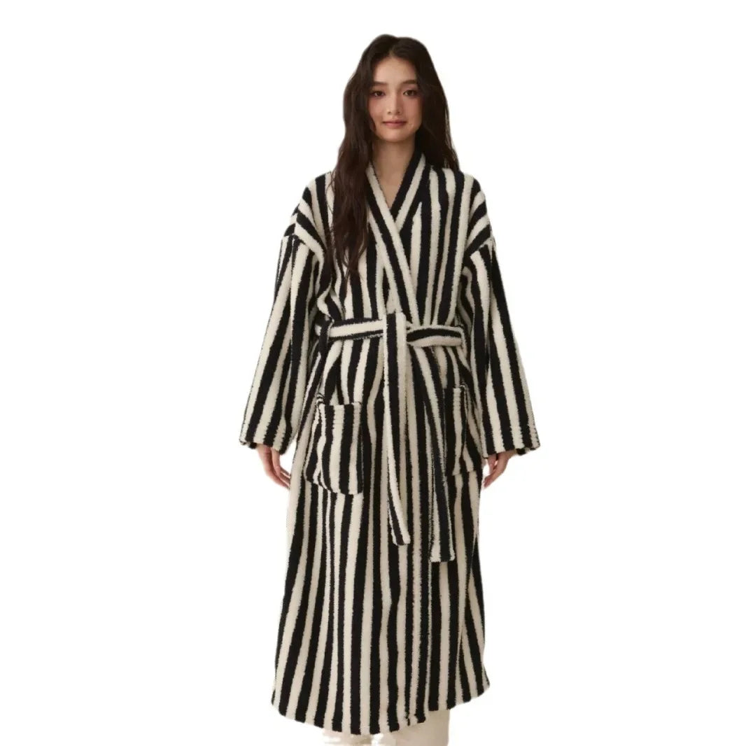 Thickened Flannel Robe Pants Pajamas Set Autumn Winter New Couple Coral Velvet Women Men Bathrobe Striped Lengthed Home Clothes