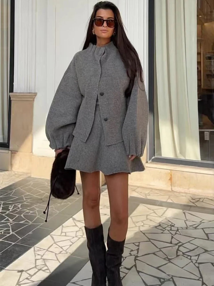 TFMLN Women's Knitted Mini Skirt Set Long Sleeve Loose Bomber Jacket Top A-Line Short Skirt Autumn Winter New Elegant Suit