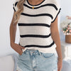 Casual Knit Striped Pullover Woman Spring Summer Round Neck Sleeveless Hollow Out Tops Khaki Pink Apricot Women Clothes