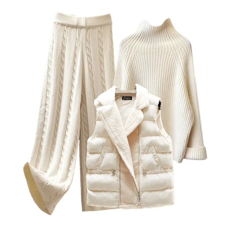 Women Sweater Suit Knitting 3 Piece Sets Cotton Vest Top Pullover Turtleneck Wide Leg Pants Tracksuit Winter Thick Outfits