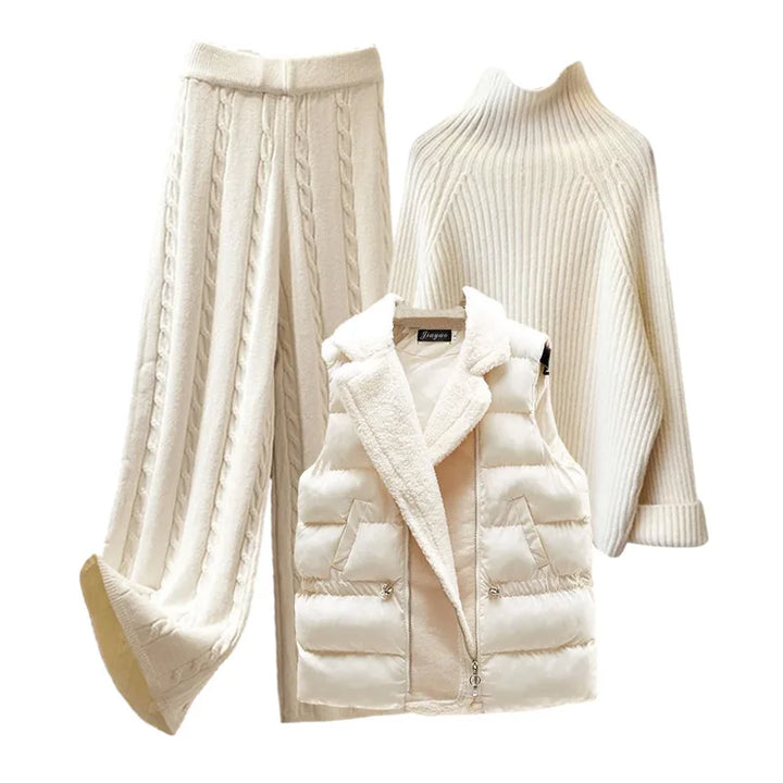 Women Sweater Suit Knitting 3 Piece Sets Cotton Vest Top Pullover Turtleneck Wide Leg Pants Tracksuit Winter Thick Outfits