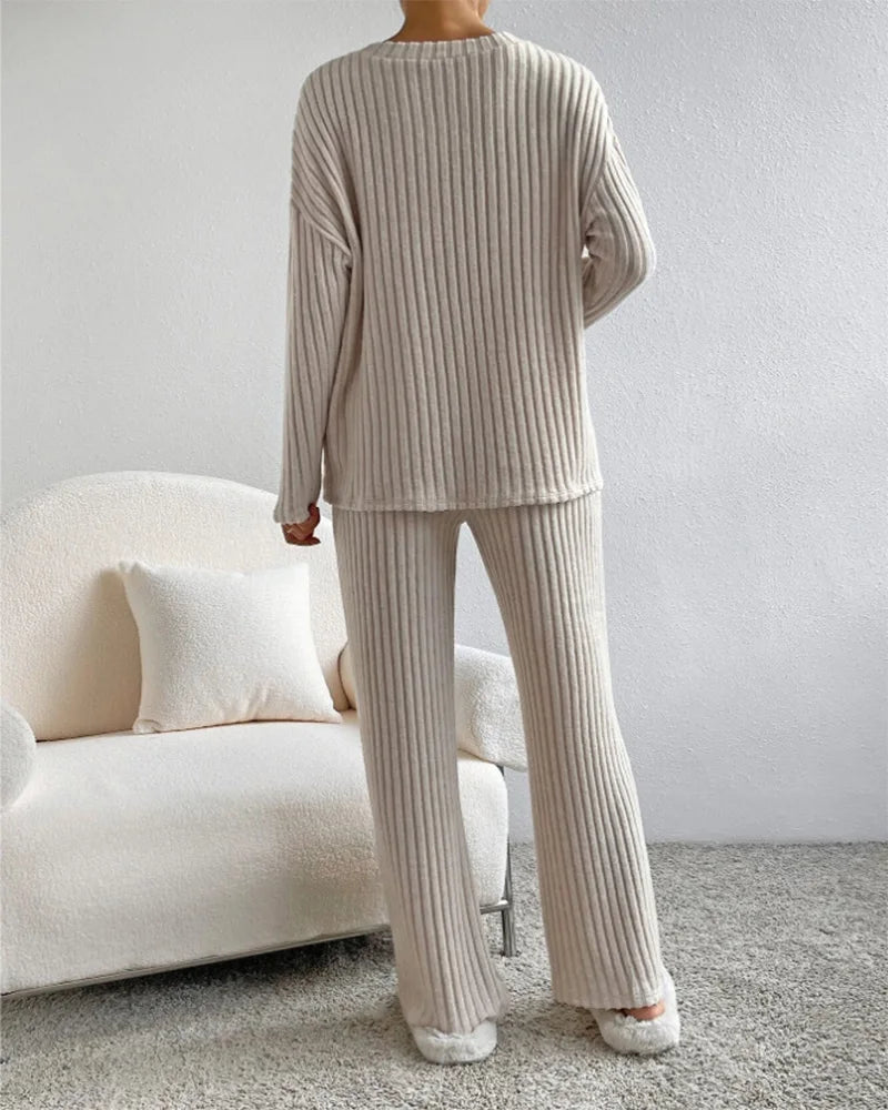 Autumn Winter Ribbed Knit Two Piece Set Womens V Neck Long Sleeve Top Wide Leg Pants Loungewear Casual Solid Color Outfit