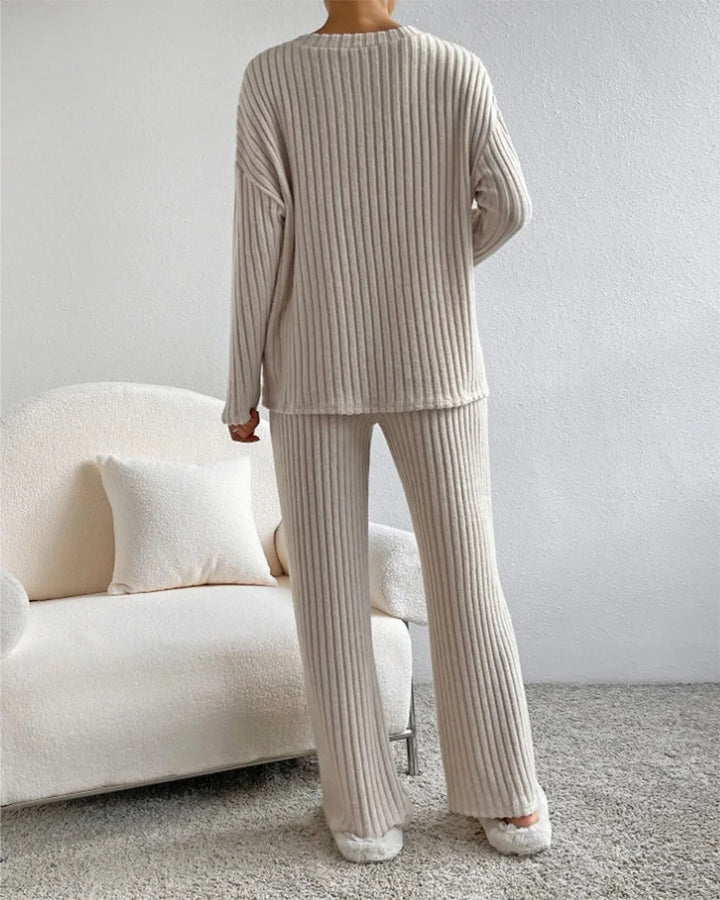 Autumn Winter Ribbed Knit Two Piece Set Womens V Neck Long Sleeve Top Wide Leg Pants Loungewear Casual Solid Color Outfit