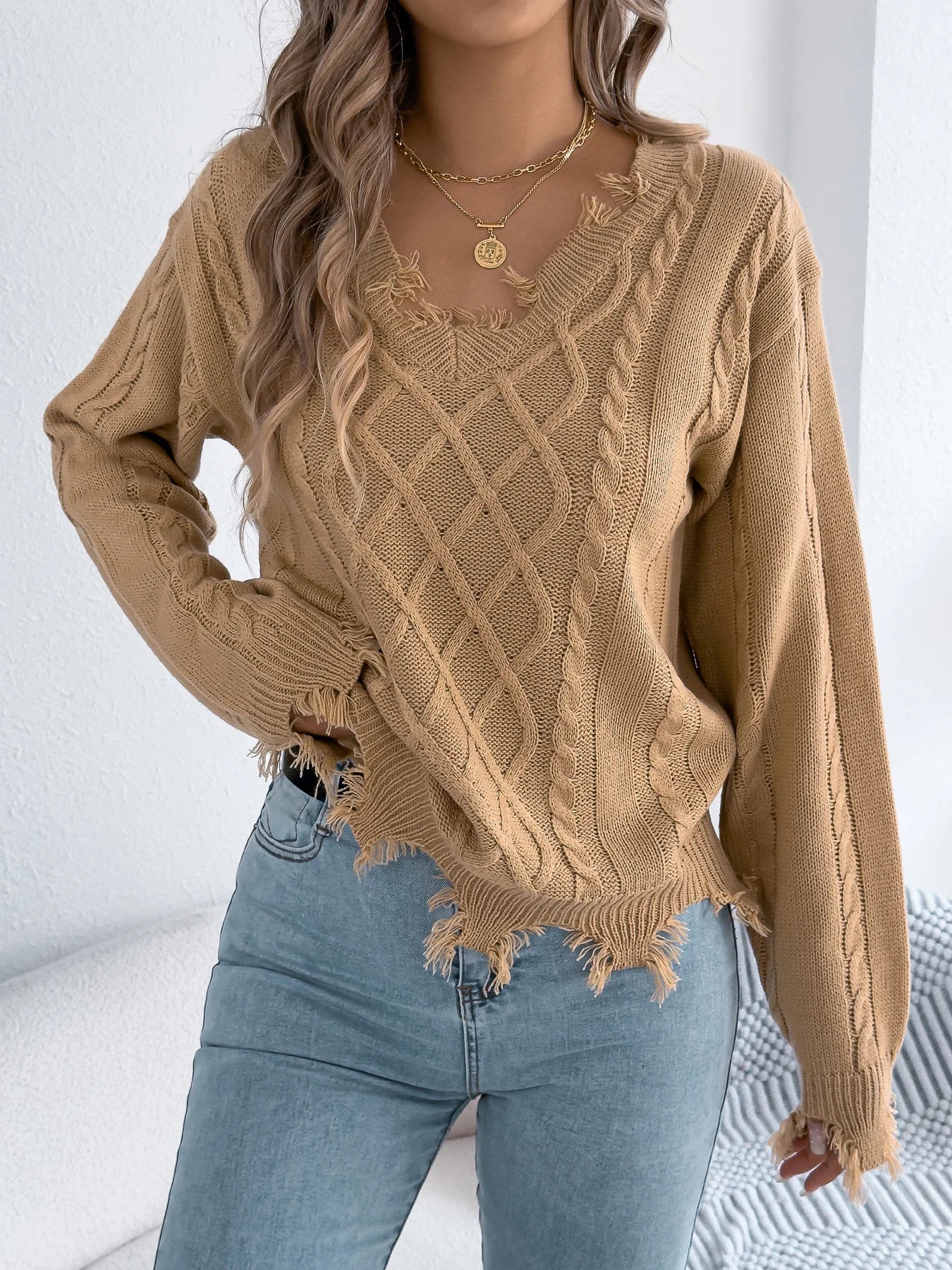 Women's V Neck Ripped Tassel Sweaters 2025 Autumn Winter Casual Solid Color Lantern Long Sleeve Twist Knitted Tops Orange Red