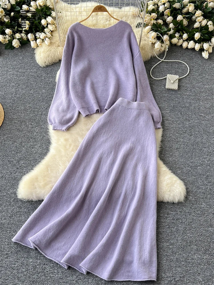 SINGREINY Gentle Korean 2pcs Suits Women Autumn Winter Loose Sweater+Elastic Waist Skirt Ladies Basics Knitting Two Pieces Sets
