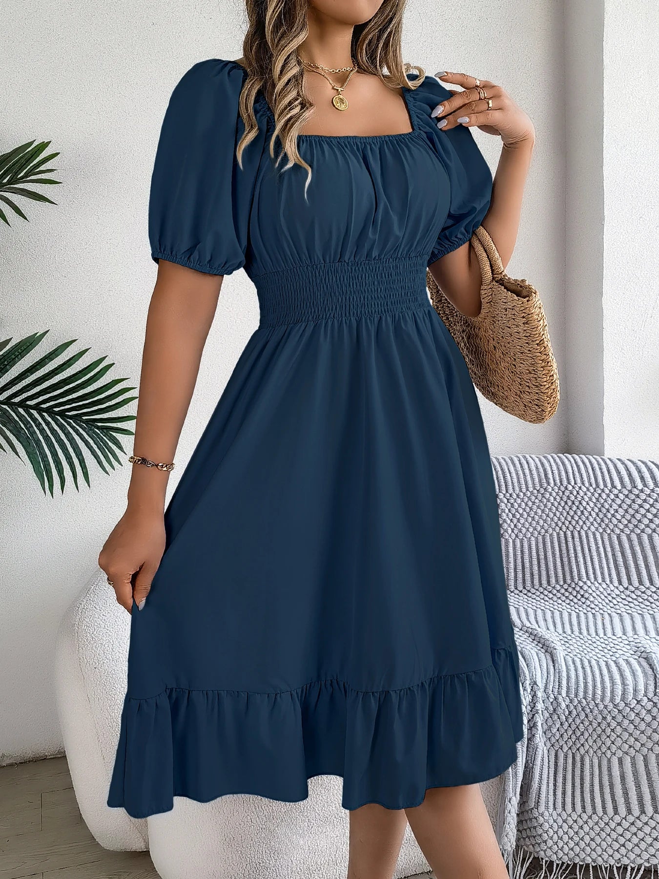 Spring and Summer Elegant High Waisted Dress Square Neck Short Sleeved Ruffled Edge Long Dresses for Women