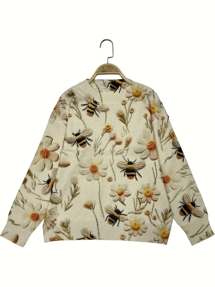 Ladies' autumn and winter printed round-neck long-sleeved knitted pullover - Animal print - suitable for daily casual wear