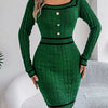Autumn Winter Casual Elegant Square Collar Button Decoration Knitted Dress Long Sleeve Bodycon Dress for Women