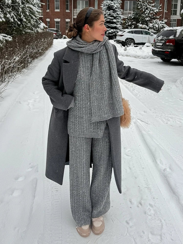 Blubelle Women's New Autumn Winter Fashion Cable Knit Sweater Wide Leg Pants Set Soft Wool Blend High Neck Pullover Loose Fit