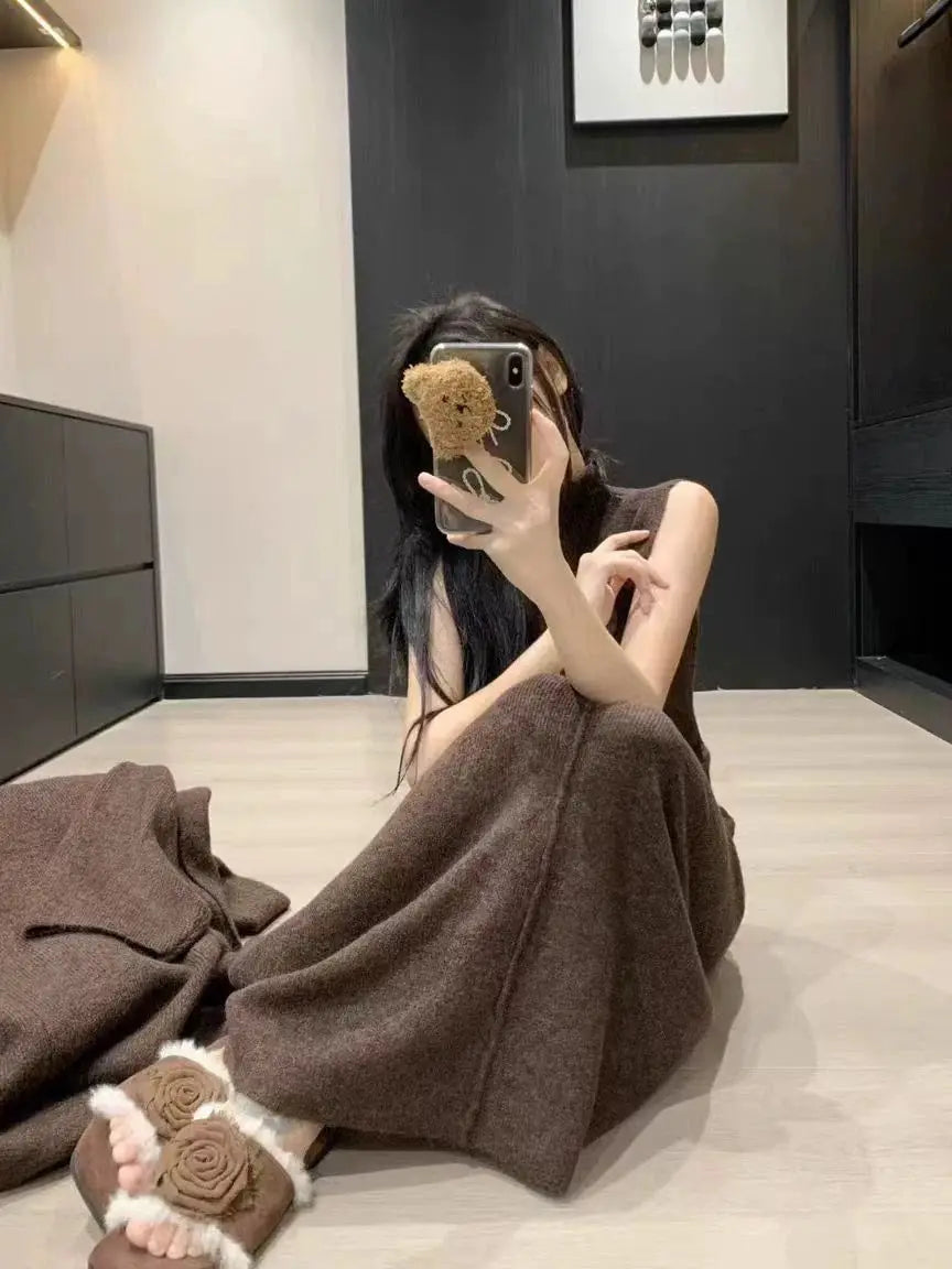 Knitted Cardigan Sleeveless Turtleneck Dress Two-Piece Set for Women Autumn Winter New Warm Mid-Length Sweater Coat Set