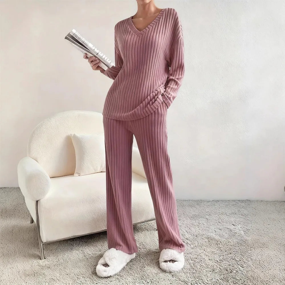 Autumn Winter New Home Set Elegant V-Neck Ribbed Two-Piece Fashion Casual Straight Leg Pants Loose Comfort Outfit
