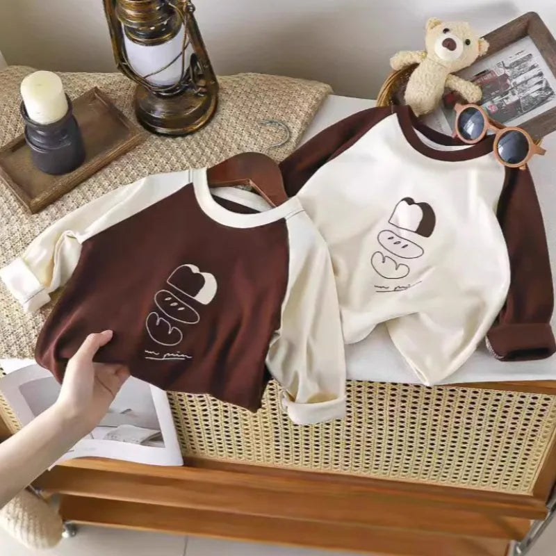 1-12Y Children's Velvet Base Shirt 2025 Spring Long Sleeved Casual Tee Baby Girls Boys Patched Color Round Neck Outerwear Tops