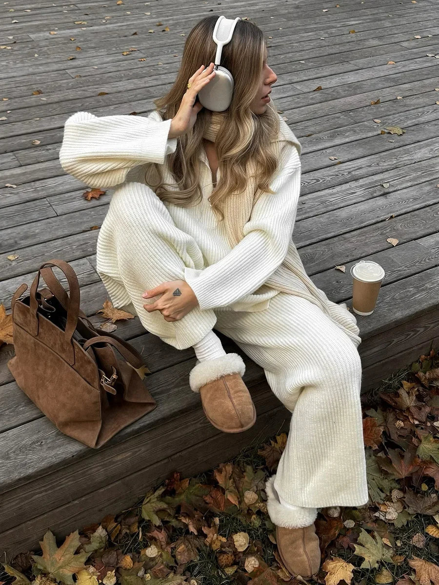 Wolfeel Women's New Autumn Winter Collared Half Zip Ribbed Knit 2-Piece Set Oversized Wide Leg Pants Fashion Sweater Suit