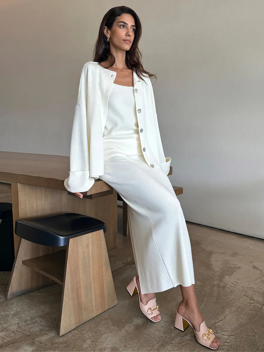 Born ladies Women Knitted Set Soft Long Sleeve Cardigan Chic Camisole Skirt Autumn Winter Sweater Suit