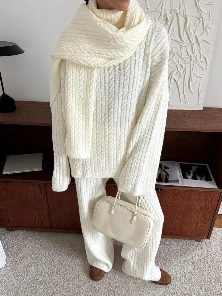 Blubelle Women's New Autumn Winter Fashion Cable Knit Sweater Wide Leg Pants Set Soft Wool Blend High Neck Pullover Loose Fit