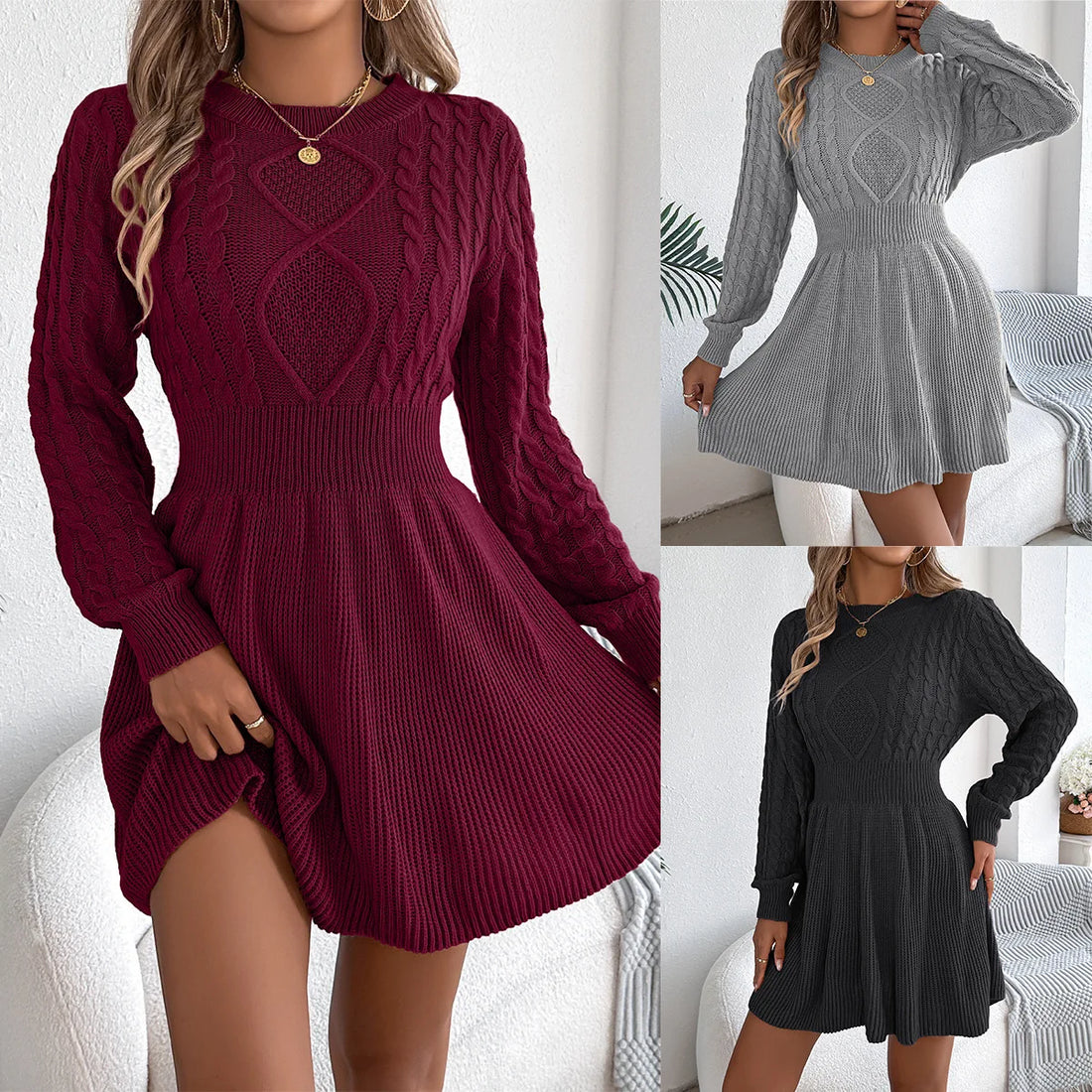 New Women's Cable Knit Sweater Dress A-Line Belted Bubble Sleeve Dress Winter Tight Waist Dress