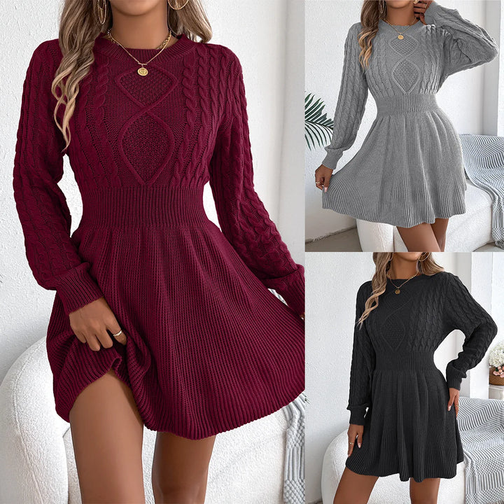 New Women's Cable Knit Sweater Dress A-Line Belted Bubble Sleeve Dress Winter Tight Waist Dress