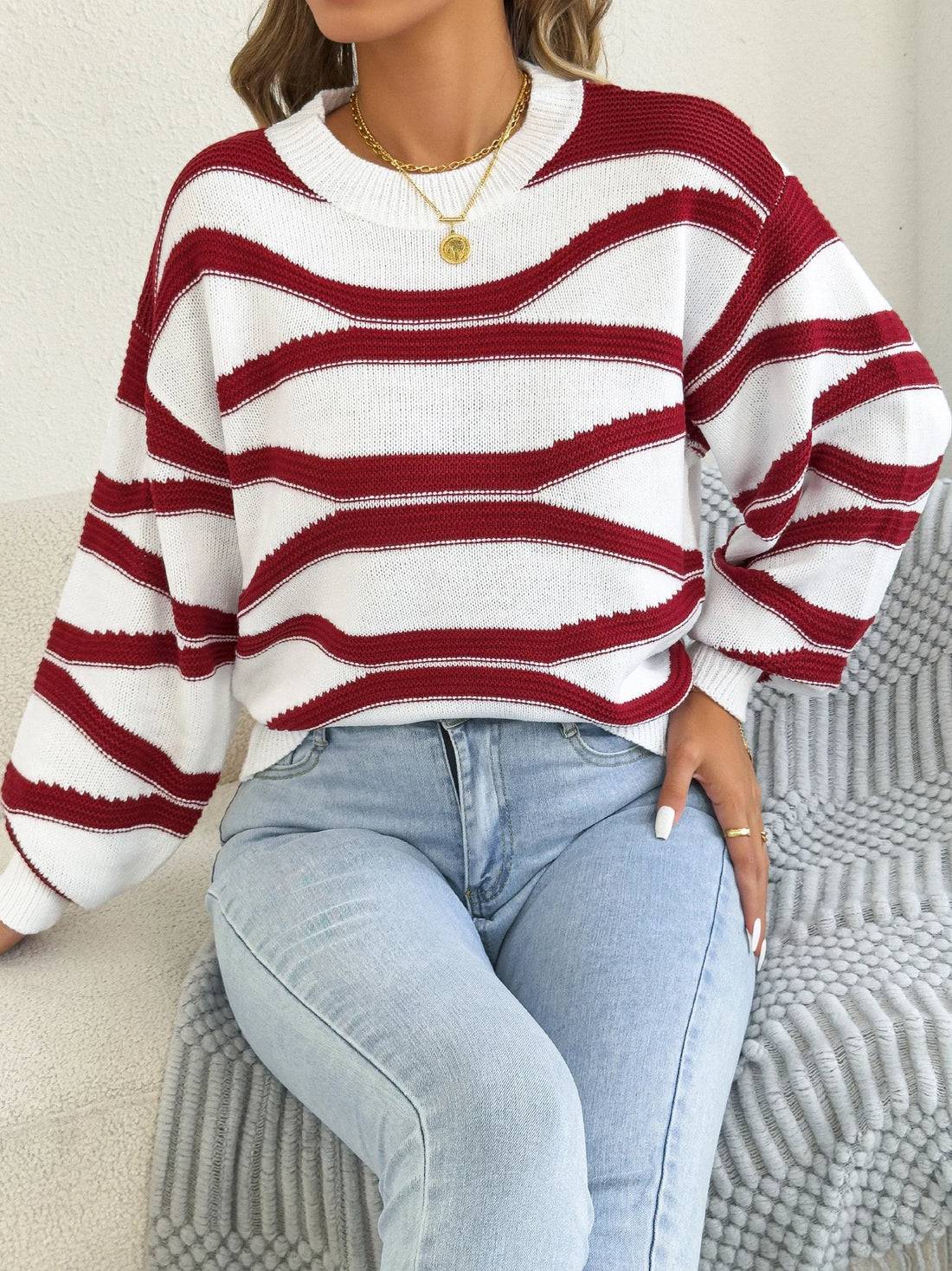 Fashion Contrast Color Striped Sweaters for Autumn Winter Casual Round Neck Lantern Long Sleeve Knitted Tops Women Clothes