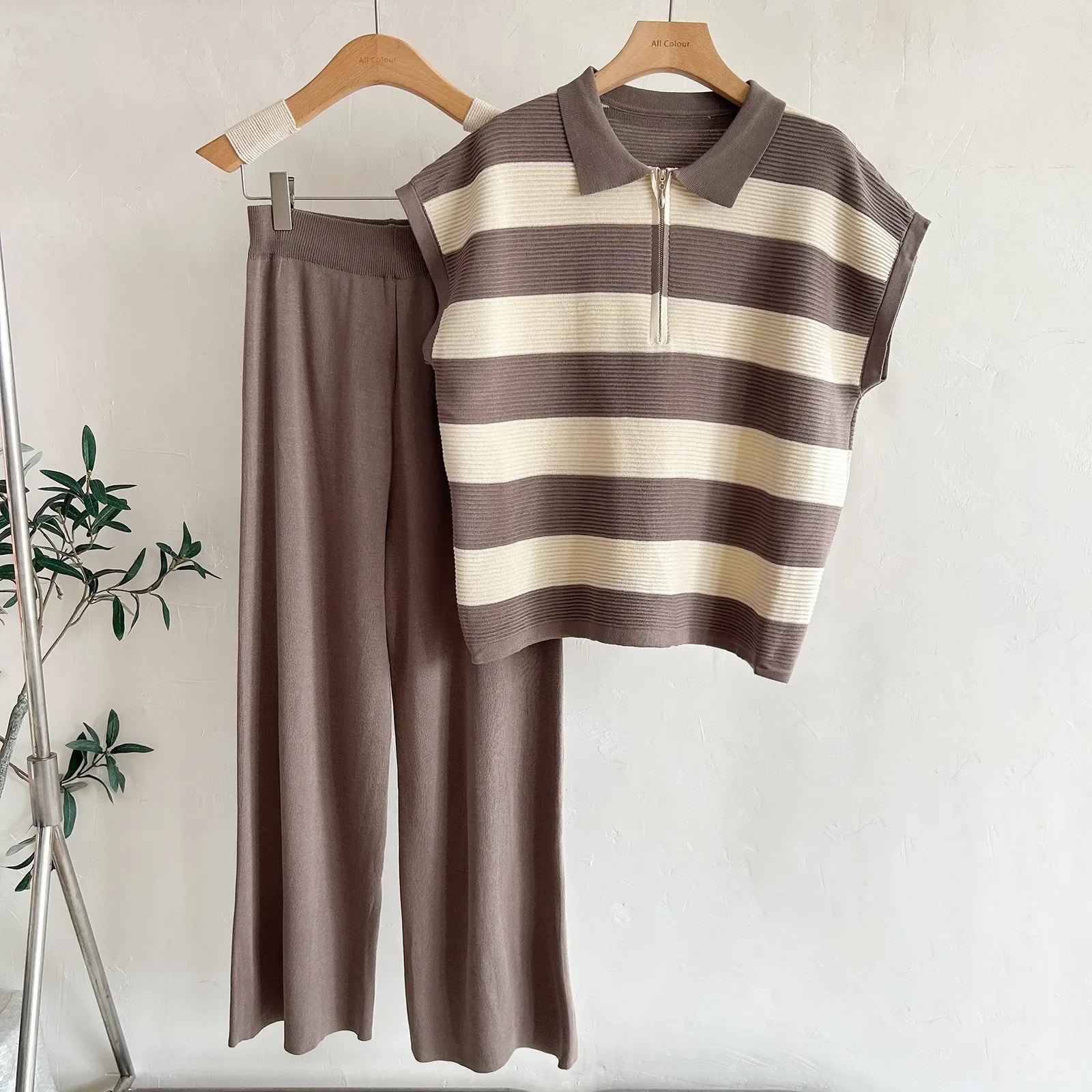 Summer Versatile Knitted Polo Neck Half Zip Sleeveless Top High Waist Wide Leg Pants Matching Set Polyester Fiber
