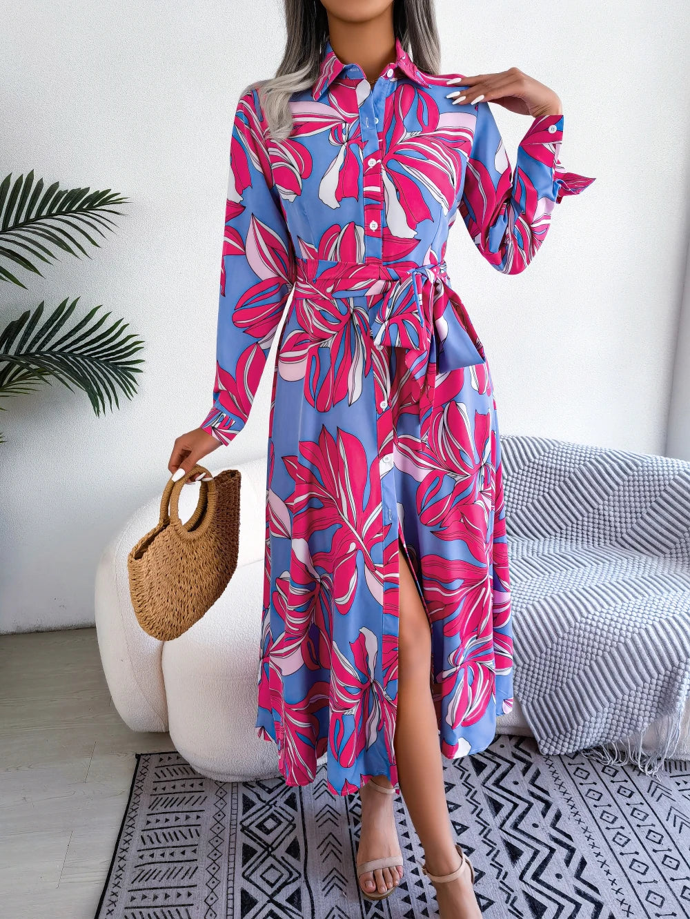 Women Casual Floral Print Long Sleeve Maxi Shirt Dress