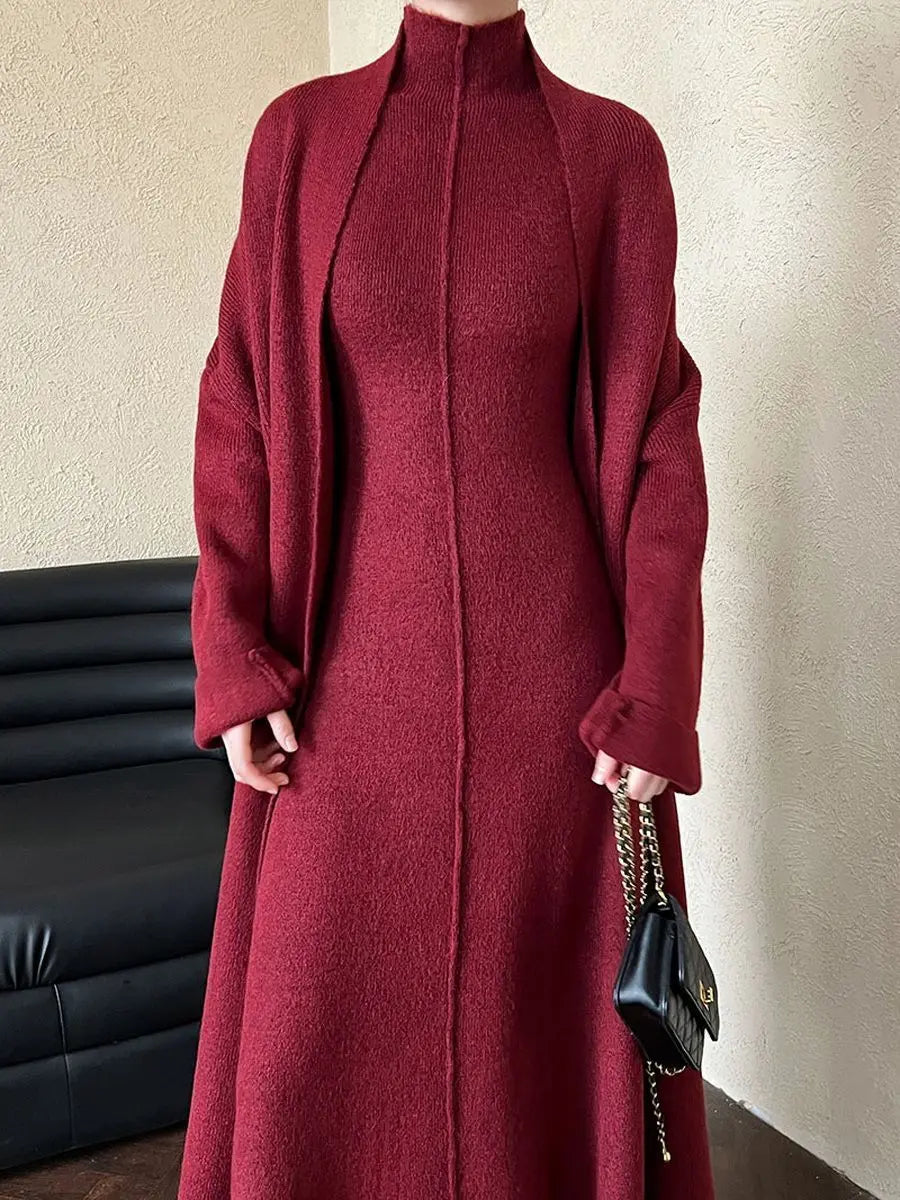 Knitted Cardigan Sleeveless Turtleneck Dress Two-Piece Set for Women Autumn Winter New Warm Mid-Length Sweater Coat Set