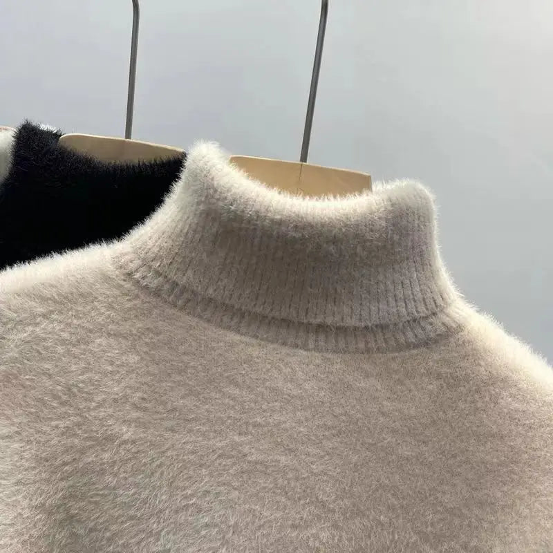 Women's Turtleneck Sweater Faux Mink Top for Women Solid Plush Thickened Warm Bottoming Shirts Basic Knitwear Thermal Pullovers