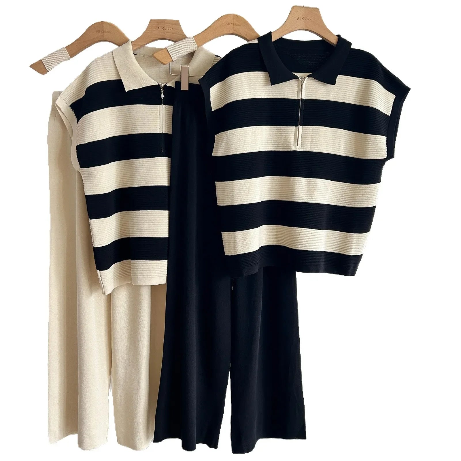 Summer Versatile Knitted Polo Neck Half Zip Sleeveless Top High Waist Wide Leg Pants Matching Set Polyester Fiber