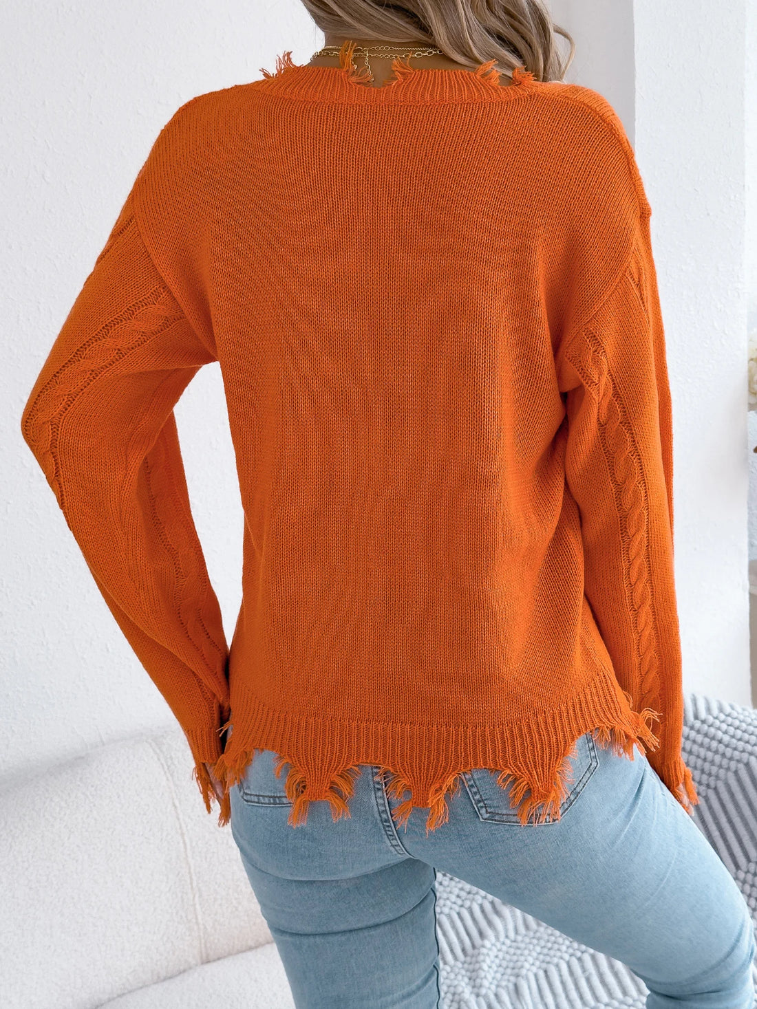 Women's V Neck Ripped Tassel Sweaters 2025 Autumn Winter Casual Solid Color Lantern Long Sleeve Twist Knitted Tops Orange Red
