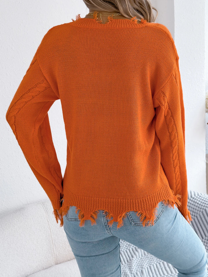 Women's V Neck Ripped Tassel Sweaters 2025 Autumn Winter Casual Solid Color Lantern Long Sleeve Twist Knitted Tops Orange Red